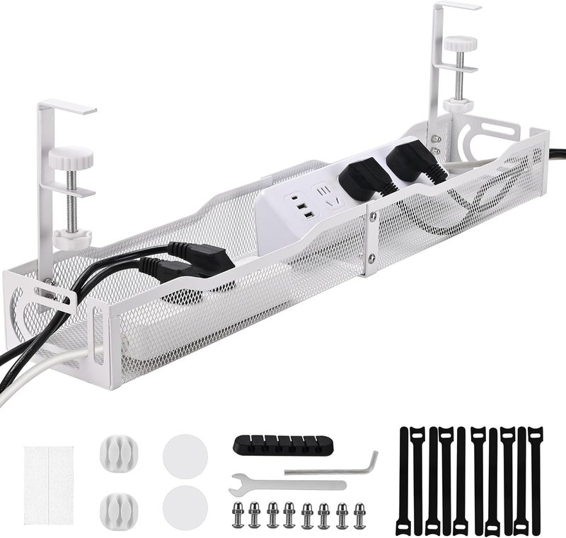 QUELIEN Under Desk Cable Management Box 25.3 Inch – Clamp-Mounted Cable Organizer Tray, Large Cord Management Box for Office & Home, Wire Organizer Under Desk Storage, White - Image 1